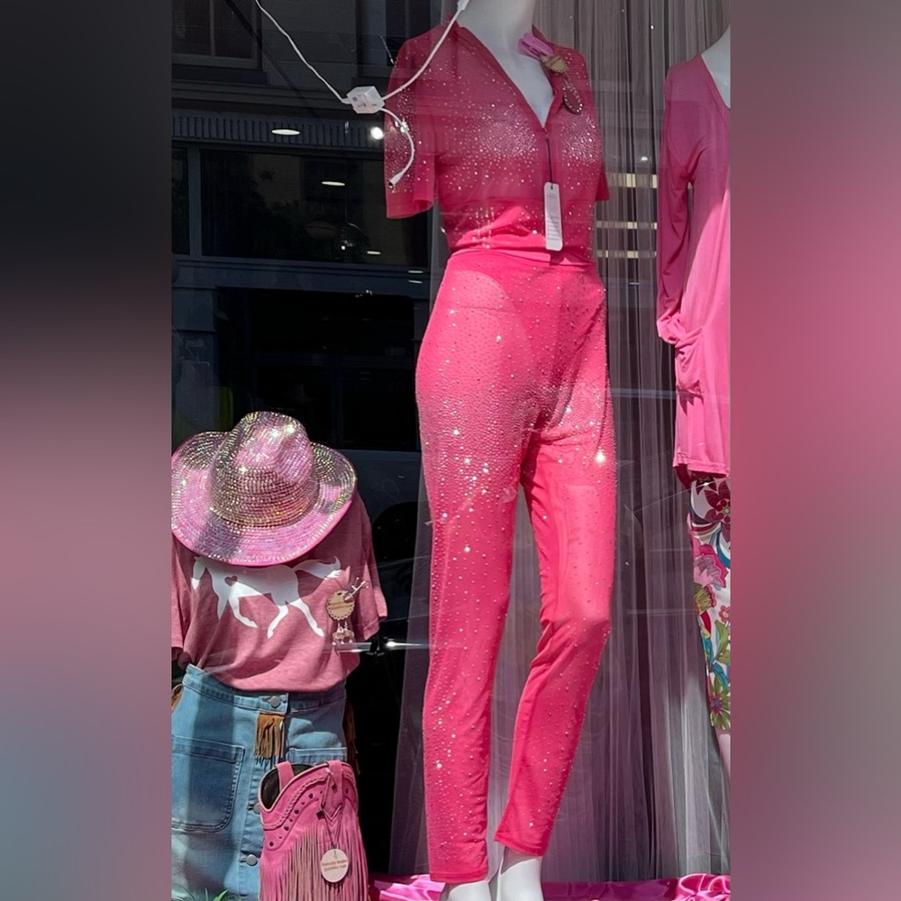 Southern Fried Chics Pink 2pc Silver Studded Crop Top & Pant Mesh